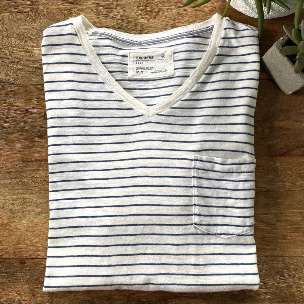 EXPRESS - White and Blue Striped V-Neck Tee